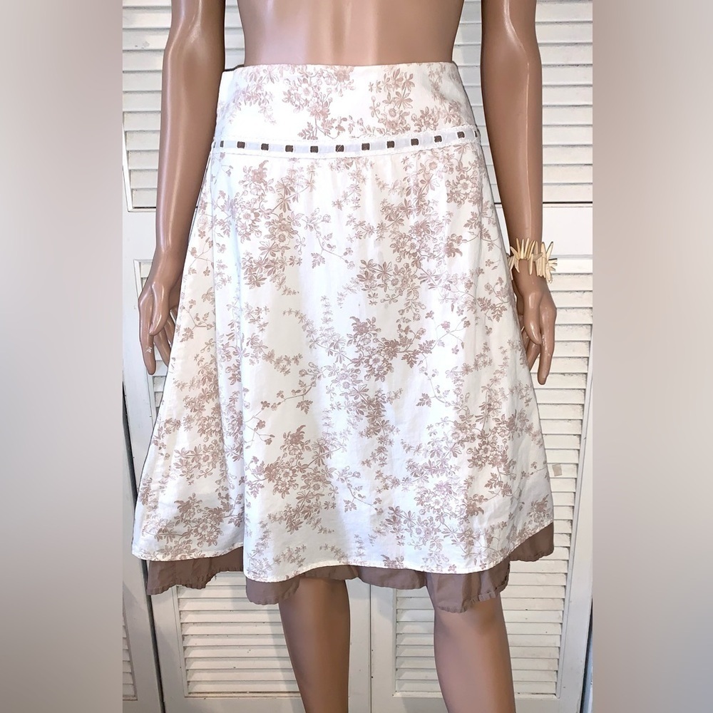 Vintage prairie style double layer knee length MIDI skirt cream and brown 14
